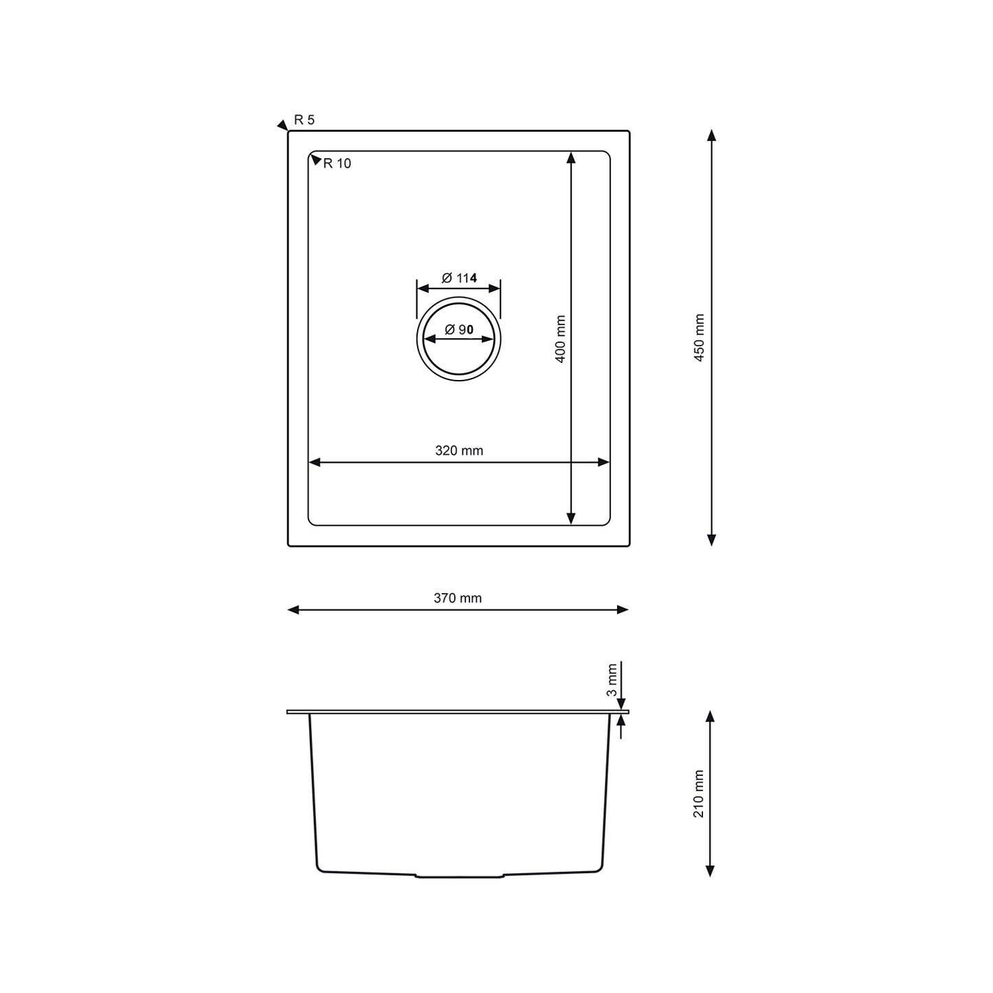 Zlewozmywak Stalowy 37x45 cm INOX (Satyna) — Jednokomorowy, Nablatowy lub Podwieszany, Głębokość 210 mm, Przelew, Odpływ 114 mm