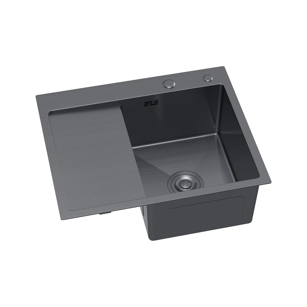 Zlewozmywak Stalowy 58x48 cm PVD Grafit — Jednokomorowy z Ociekaczem Lewym, Nablatowy, Głębokość 210 mm, Przelew, Odpływ 110 mm
