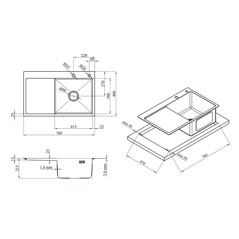 Zlewozmywak Stalowy 78x49 cm INOX Satyna — Jednokomorowy, z Ociekaczem Lewym, Wpuszczany, Przelew, Otwór 35 mm