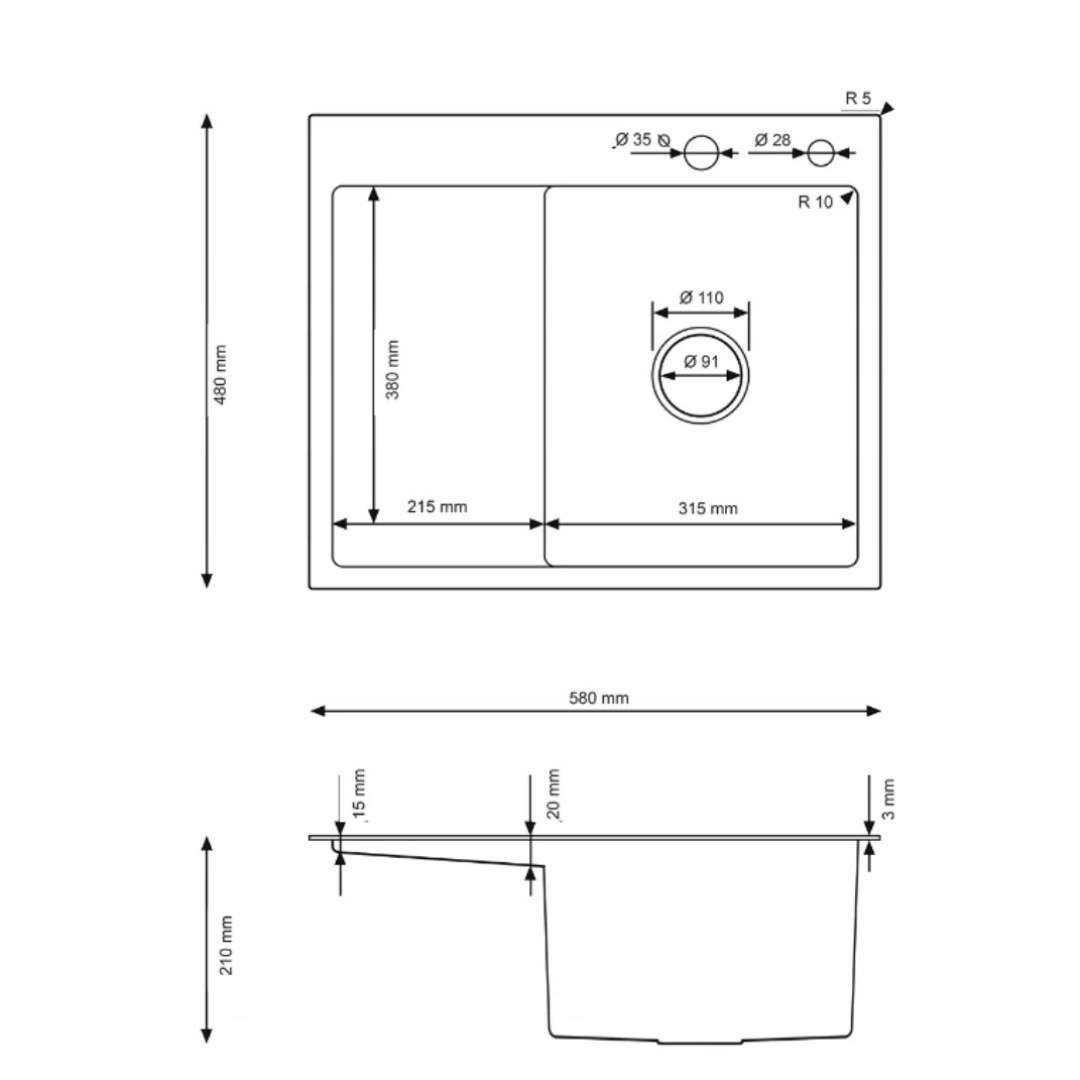 Zlewozmywak Stalowy 58x48 cm PVD Grafit — Jednokomorowy z Ociekaczem Lewym, Nablatowy, Głębokość 210 mm, Przelew, Odpływ 110 mm