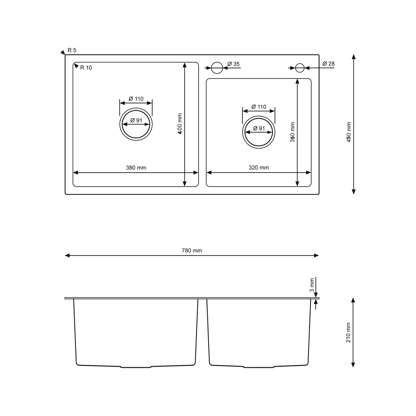 Zlewozmywak 78x45 cm – Stal Nierdzewna INOX, 2-komorowy, wpuszczany w blat, satyna szczotkowana, z przelewem i otworem 35 mm (odpływ 114 mm, syfon w zestawie)