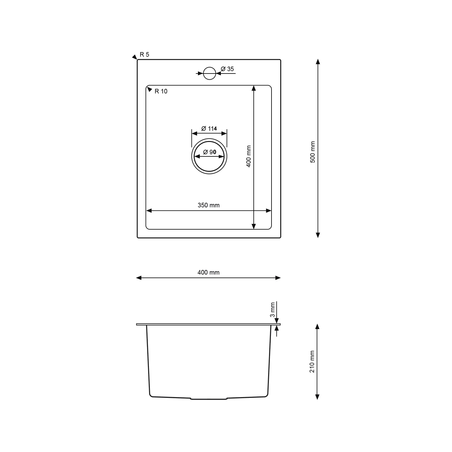 Zlewozmywak 40×50 cm ze stali nierdzewnej — jednokomorowy, Inox satyna szczotkowana, wpuszczany, głębokość 210 mm, otwór 35 mm, z przelewem, odpływ 114 mm