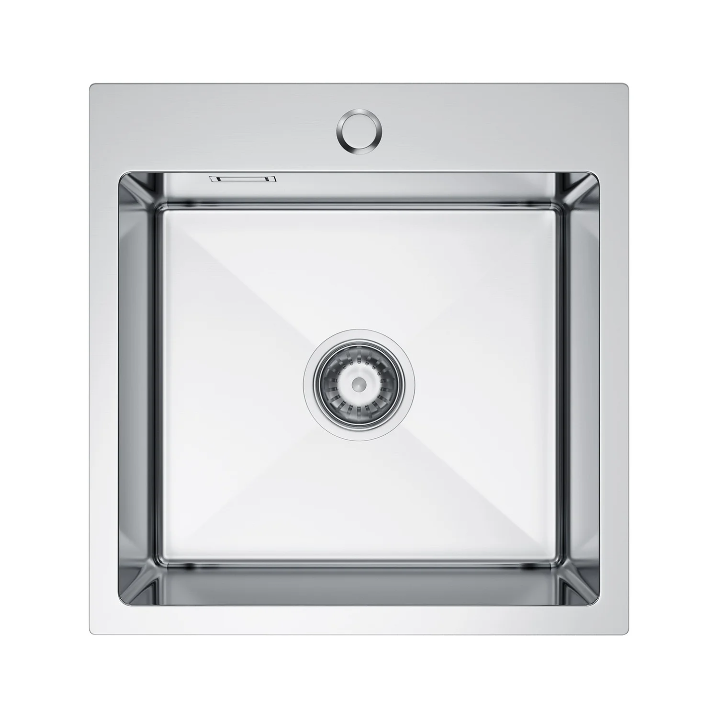 Zlewozmywak 46×45 cm ze stali nierdzewnej — jednokomorowy, Inox satyna szczotkowana, wpuszczany, głębokość 210 mm, otwór 35 mm, z przelewem