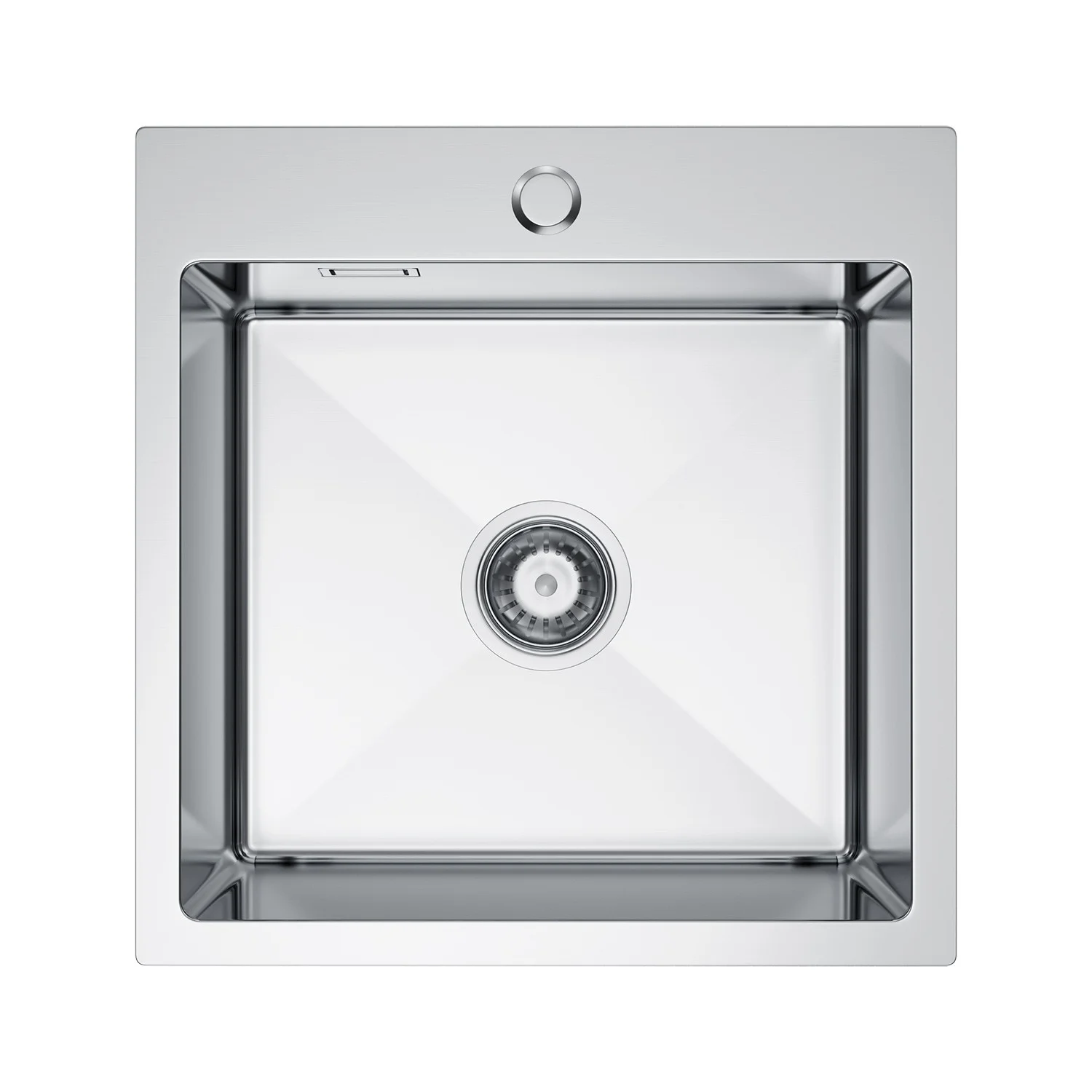 Zlewozmywak 46×45 cm ze stali nierdzewnej — jednokomorowy, Inox satyna szczotkowana, wpuszczany, głębokość 210 mm, otwór 35 mm, z przelewem