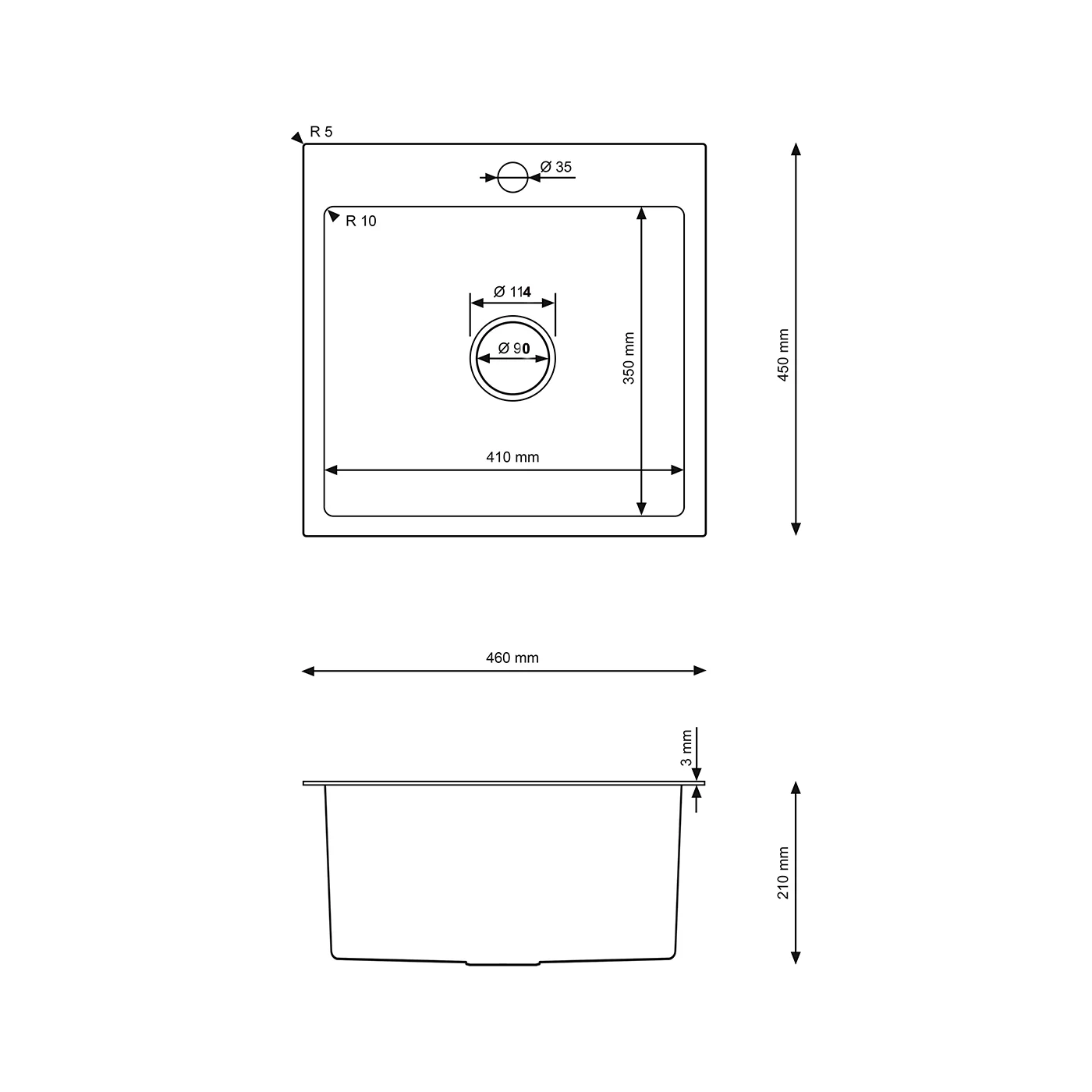 Zlewozmywak Stalowy 46x45 cm PVD Grafit (Satyna) — Jednokomorowy, Wpuszczany, Głębokość 210 mm, Otwór 35 mm, Przelew, Odpływ 114 mm