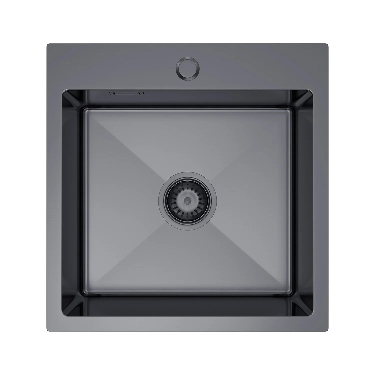 Zlewozmywak Stalowy 46x45 cm PVD Grafit (Satyna) — Jednokomorowy, Wpuszczany, Głębokość 210 mm, Otwór 35 mm, Przelew, Odpływ 114 mm