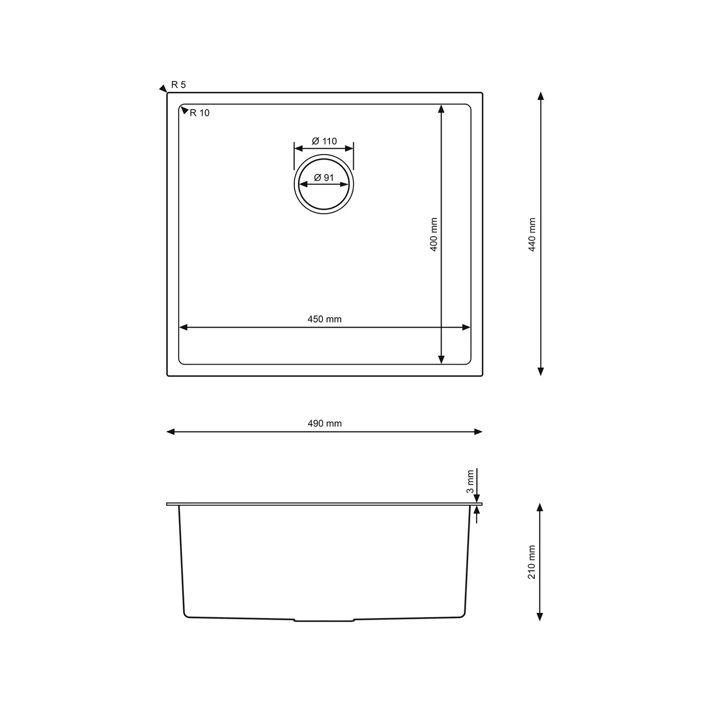 Zlewozmywak Stalowy 49x44 cm INOX (Satyna) — Jednokomorowy, Głębokość 210 mm, Przelew, Odpływ 110 mm