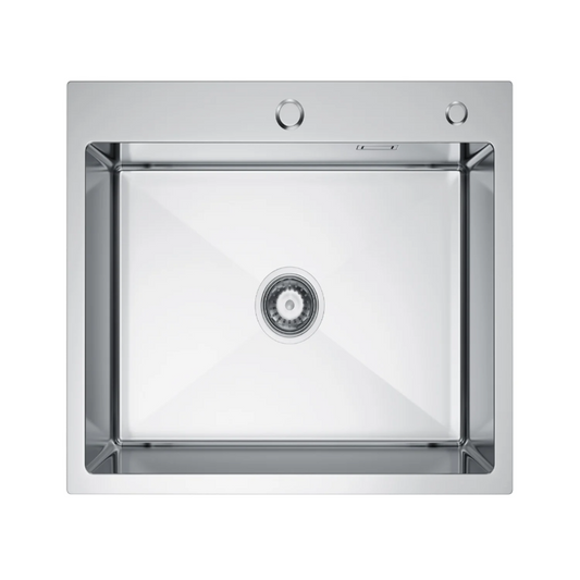 Zlewozmywak Stalowy 50x45 cm INOX (Satyna) — Jednokomorowy, głębokość 215 mm, otwór na baterię 35 mm + pod dozownik, przelew, odpływ 114 mm