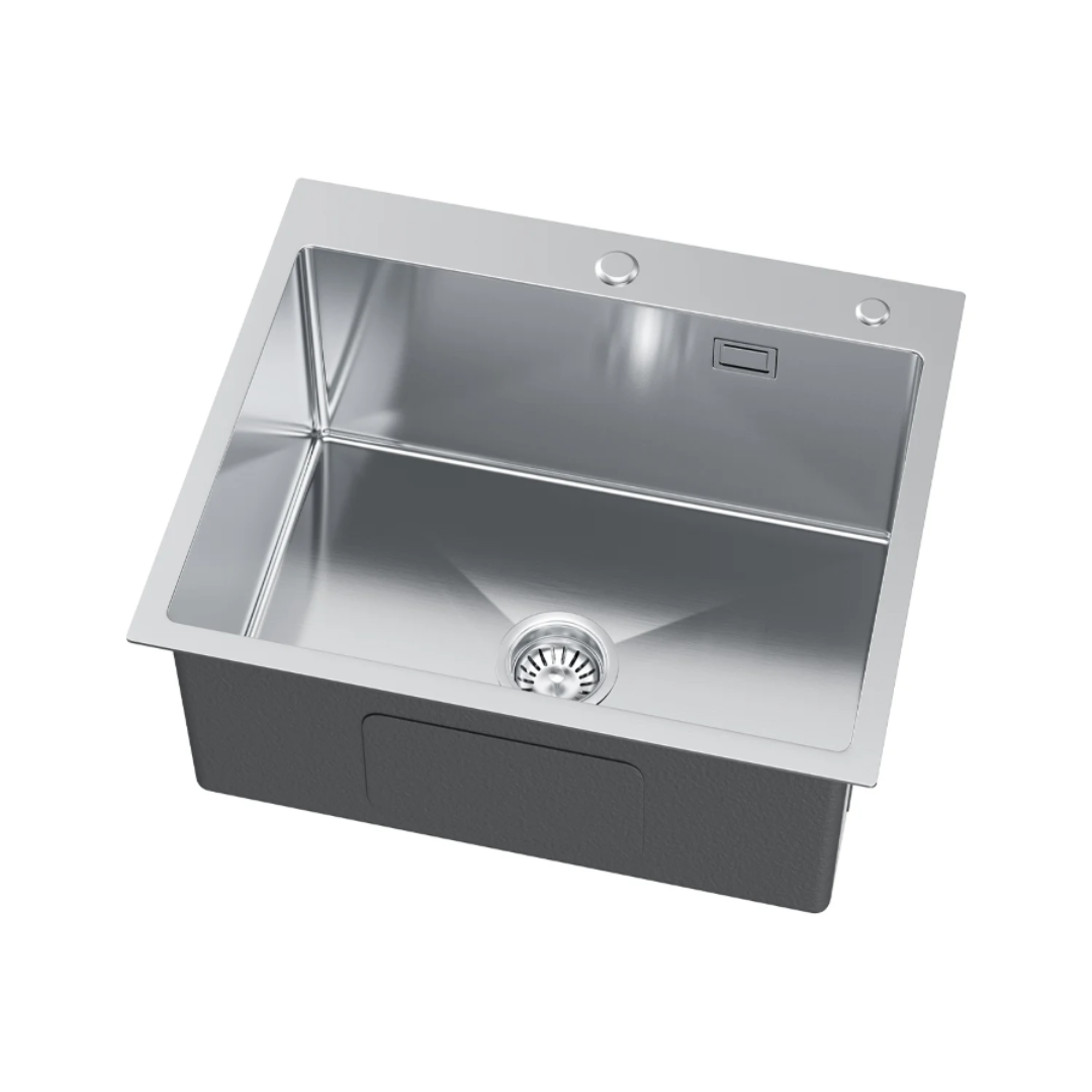 Zlewozmywak Stalowy 50x45 cm INOX (Satyna) — Jednokomorowy, głębokość 215 mm, otwór na baterię 35 mm + pod dozownik, przelew, odpływ 114 mm