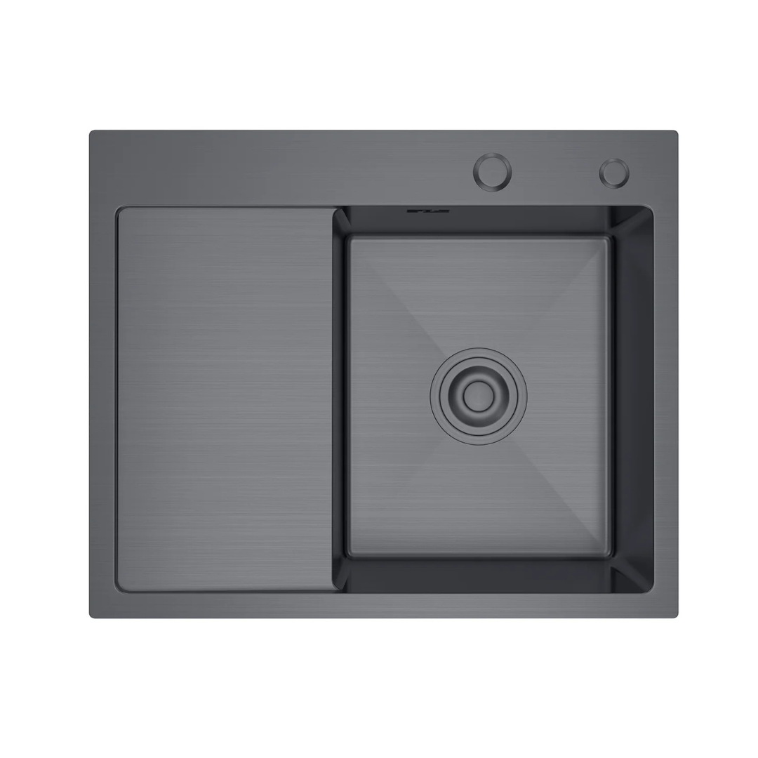 Zlewozmywak Stalowy 58x48 cm PVD Grafit — Jednokomorowy z Ociekaczem Lewym, Nablatowy, Głębokość 210 mm, Przelew, Odpływ 110 mm
