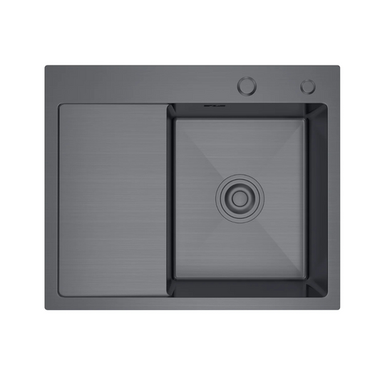 Zlewozmywak Stalowy 58x48 cm PVD Grafit — Jednokomorowy z Ociekaczem Lewym, Nablatowy, Głębokość 210 mm, Przelew, Odpływ 110 mm