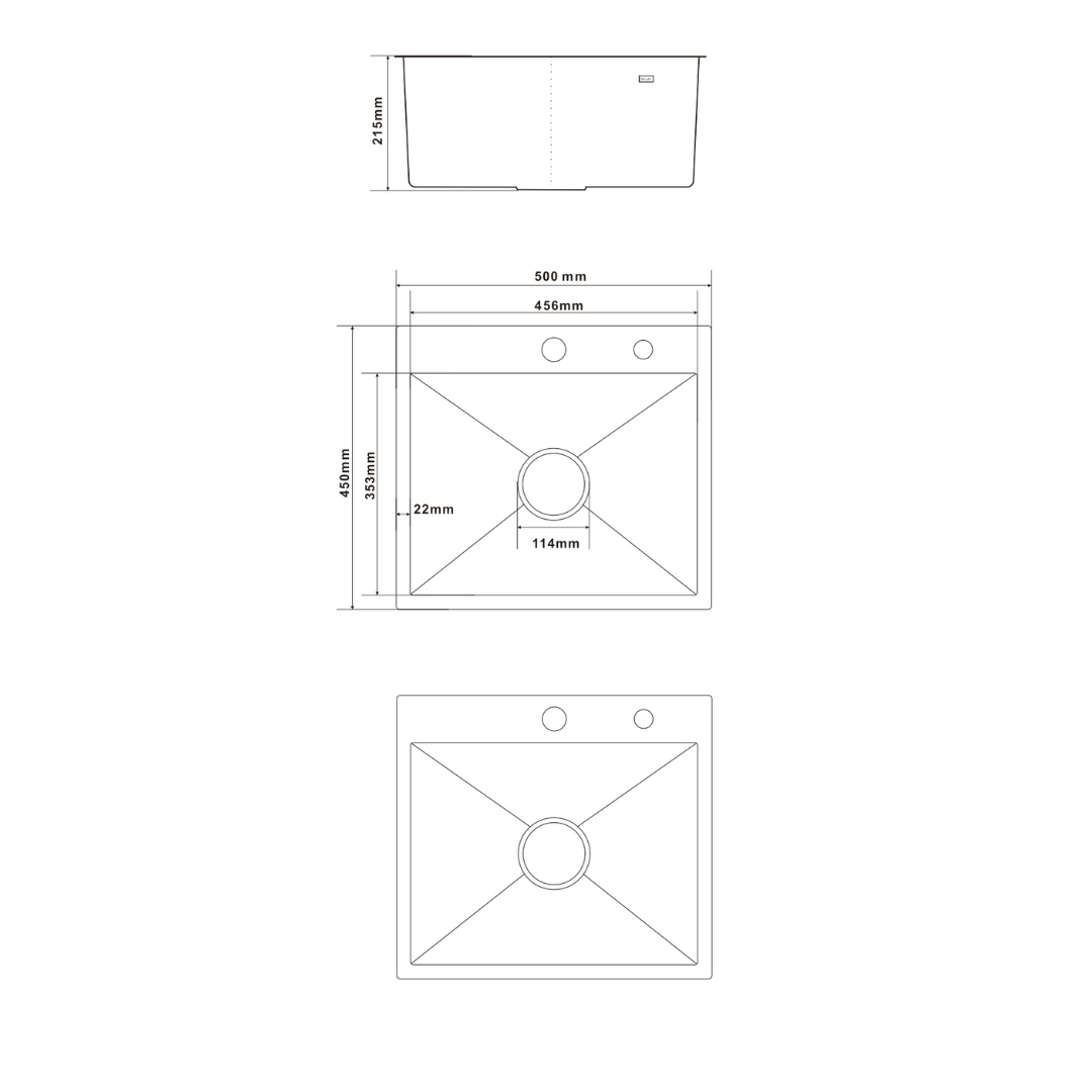 Zlewozmywak Stalowy 50x45 cm INOX (Satyna) — Jednokomorowy, głębokość 215 mm, otwór na baterię 35 mm + pod dozownik, przelew, odpływ 114 mm