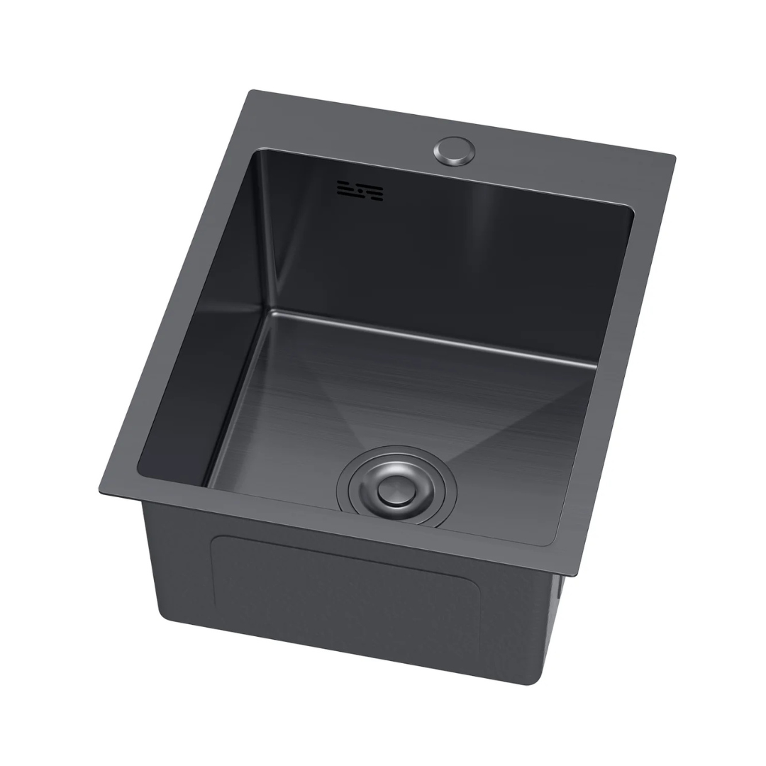 Zlewozmywak Stalowy 40x45 cm PVD Grafit — Jednokomorowy, Wpuszczany, Głębokość 210 mm, Otwór 35 mm, Przelew, Odpływ 114 mm