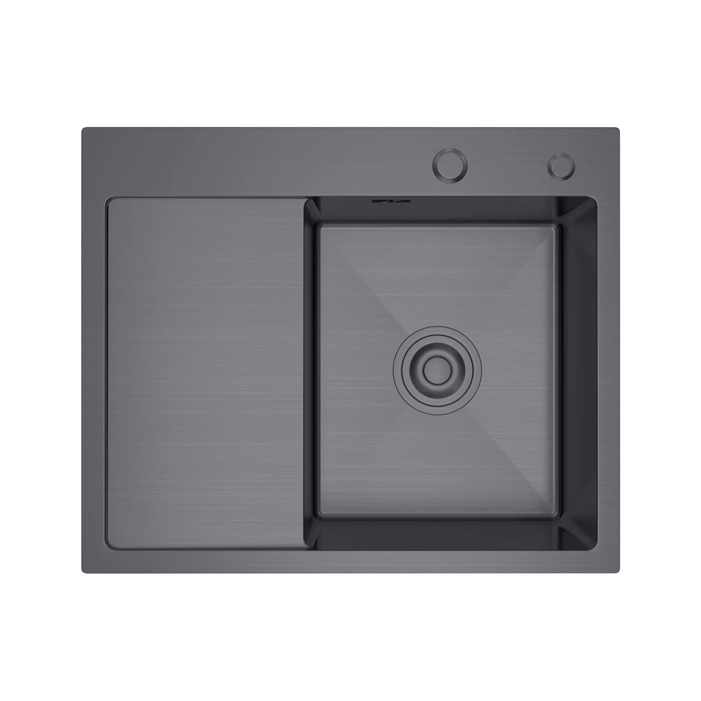 Zlewozmywak Stalowy 58x48 cm PVD Grafit — Jednokomorowy z Ociekaczem Lewym, Nablatowy, Głębokość 210 mm, Przelew, Odpływ 110 mm