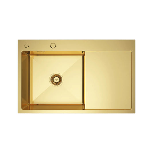 Zlewozmywak 78x49 cm – Stal Nierdzewna, PVD Złoty, 1-komorowy z ociekaczem (prawy), wpuszczany w blat, satyna, przelew, otwór 35 mm, dozownik 28 mm
