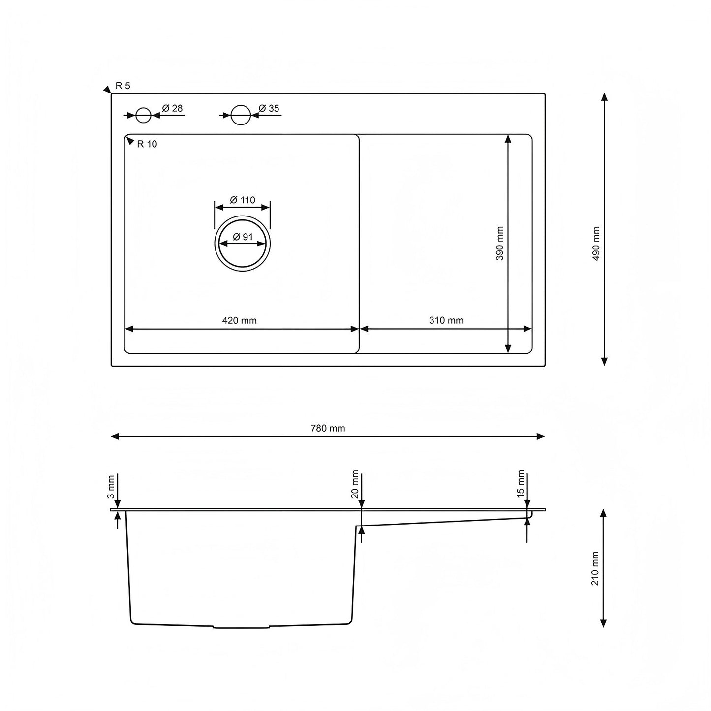Zlewozmywak 78x49 cm – Stal Nierdzewna, PVD Złoty, 1-komorowy z ociekaczem (prawy), wpuszczany w blat, satyna, przelew, otwór 35 mm, dozownik 28 mm