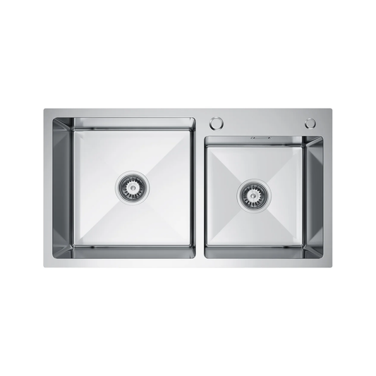 Zlewozmywak 78x45 cm – Stal Nierdzewna INOX, 2-komorowy, wpuszczany w blat, satyna szczotkowana, z przelewem i otworem 35 mm (odpływ 114 mm, syfon w zestawie)