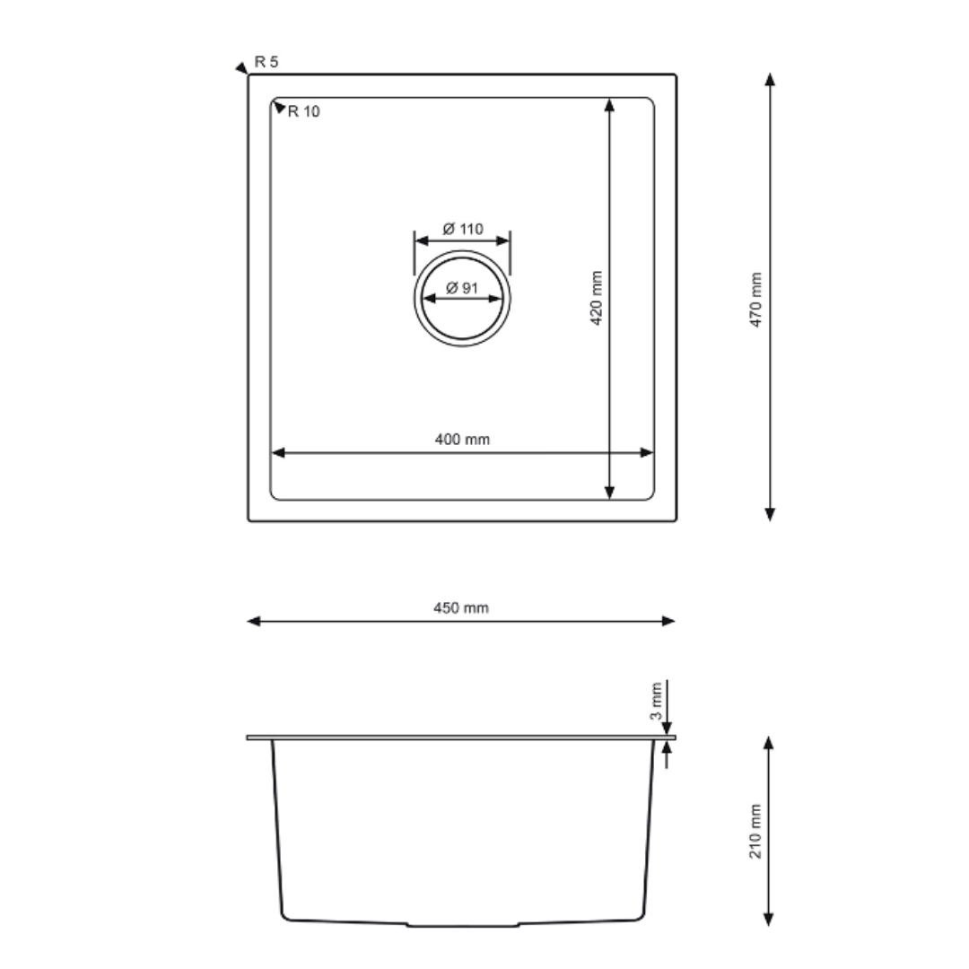 Zlewozmywak Stalowy 47x45 cm INOX (Satyna) — Jednokomorowy, Głębokość 210 mm, Przelew, Odpływ 114 mm