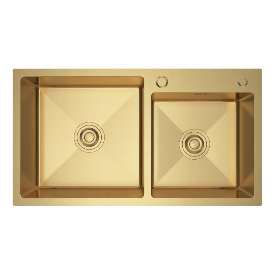 Zlewozmywak Stalowy 78x43 cm PVD Złoty (Satyna) — Dwukomorowy, Głębokość 210 mm, Stal 201, Otwór 35/28 mm, Przelew, Odpływ 110 mm