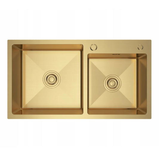 Zlewozmywak Stalowy 78x43 cm PVD Złoty (Satyna) — Dwukomorowy, Głębokość 210 mm, Stal 201, Otwór 35/28 mm, Przelew, Odpływ 110 mm