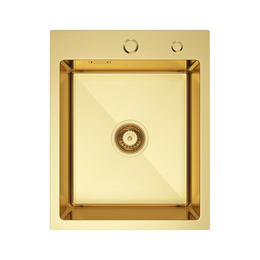 Zlewozmywak Stalowy 40x50 cm PVD Złoty (Satyna) — Jednokomorowy, Głębokość 210 mm, Otwór 35 mm, Przelew, Odpływ 114 mm