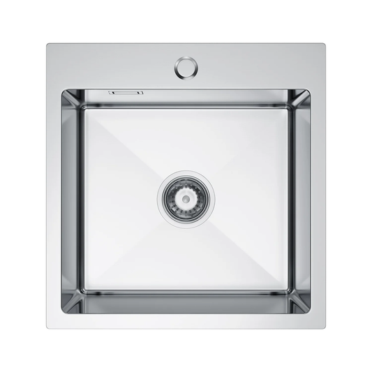 Zlewozmywak 46×45 cm ze stali nierdzewnej — jednokomorowy, Inox satyna szczotkowana, wpuszczany, głębokość 210 mm, otwór 35 mm, z przelewem