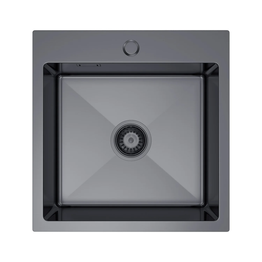 Zlewozmywak Stalowy 46x45 cm PVD Grafit (Satyna) — Jednokomorowy, Wpuszczany, Głębokość 210 mm, Otwór 35 mm, Przelew, Odpływ 114 mm