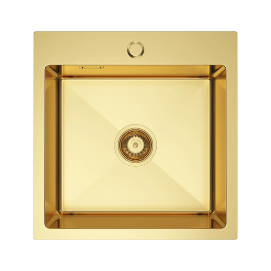 Zlewozmywak Stalowy 46x45 cm Złoty (Satyna) — Jednokomorowy, Głębokość 210 mm, Otwór 35 mm, Przelew, Odpływ 114 mm