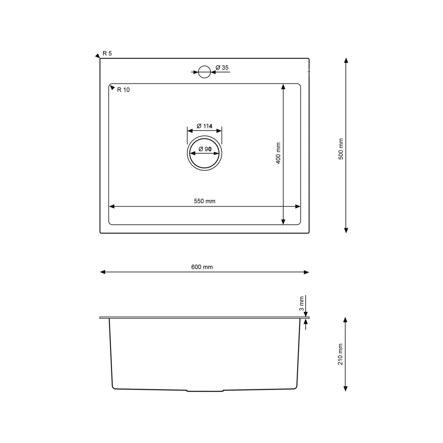 Zlewozmywak 60×50 cm ze stali nierdzewnej — jednokomorowy, Inox satyna szczotkowana, wpuszczany, głębokość 210 mm, otwory 35/28 mm, odpływ 114 mm, z przelewem