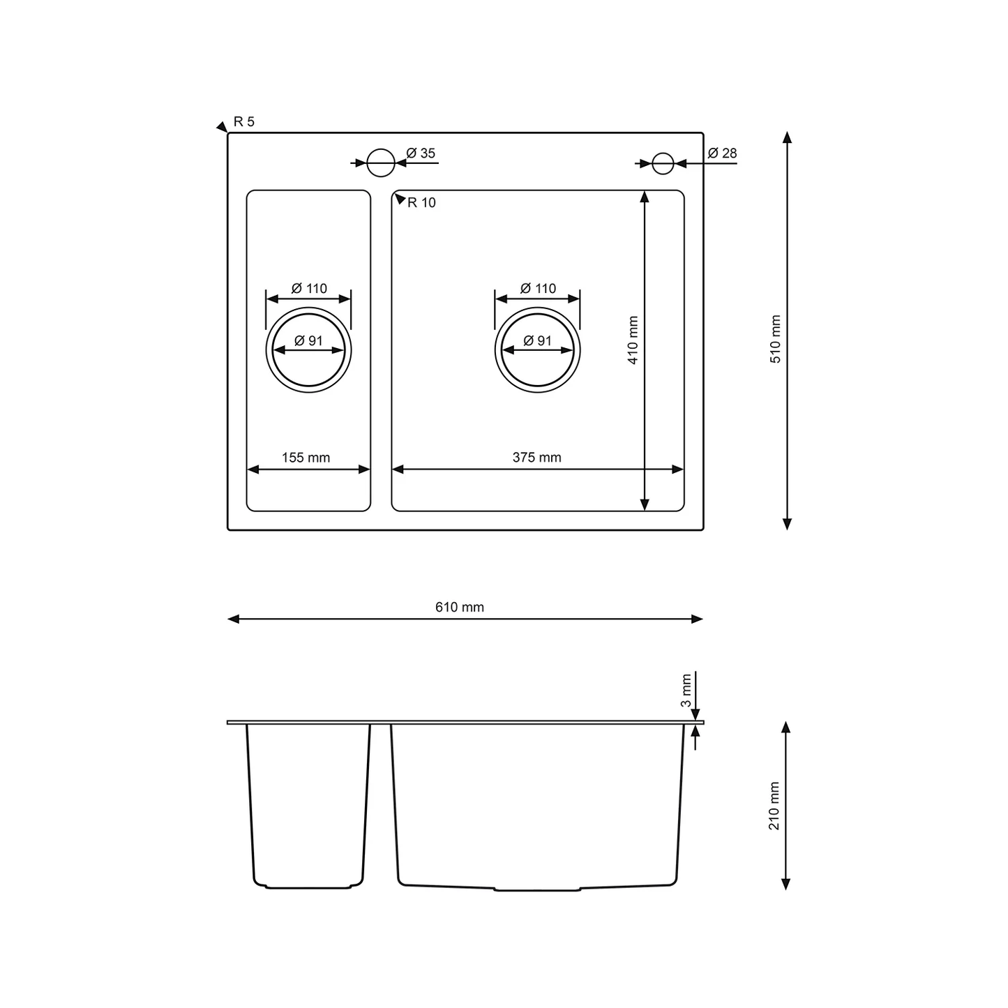 Zlewozmywak Stalowy 61x51 cm INOX (Satyna) — Półtorakomorowy, Wpuszczany, Głębokość 210 mm, Przelew, Otwór 35 mm, Syfon w Zestawie