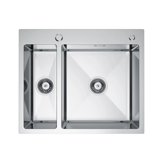 Zlewozmywak Stalowy 61x51 cm INOX (Satyna) — Półtorakomorowy, Wpuszczany, Głębokość 210 mm, Przelew, Otwór 35 mm, Syfon w Zestawie