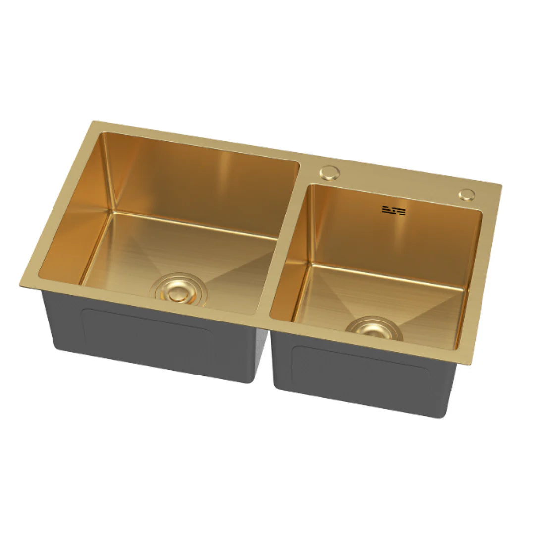 Zlewozmywak Stalowy 78x43 cm PVD Złoty (Satyna) — Dwukomorowy, Głębokość 210 mm, Stal 201, Otwór 35/28 mm, Przelew, Odpływ 110 mm